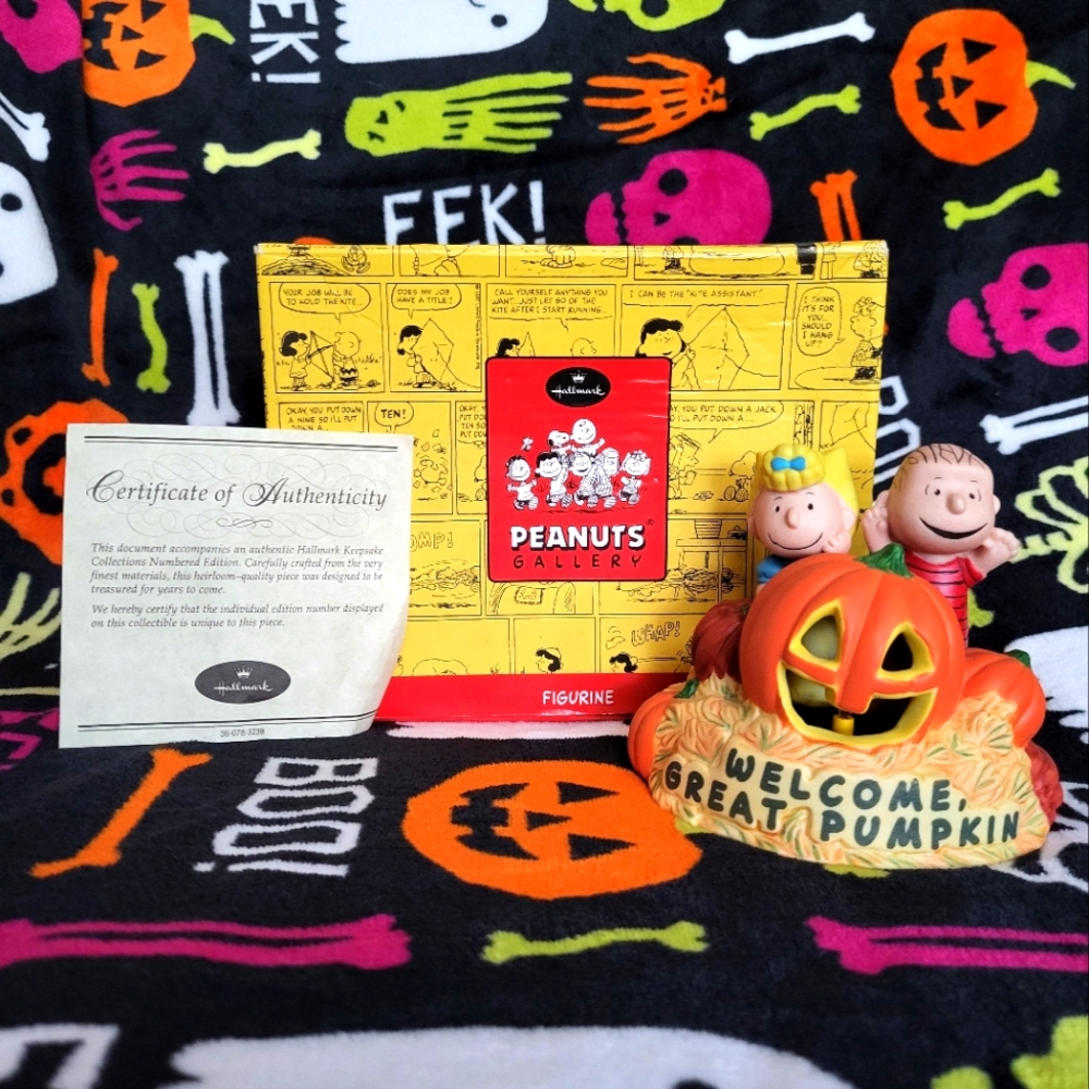 A Hallmark PEANUTS Gallery Light-up Linus & Sally Pumpkin Patch Figurine.
